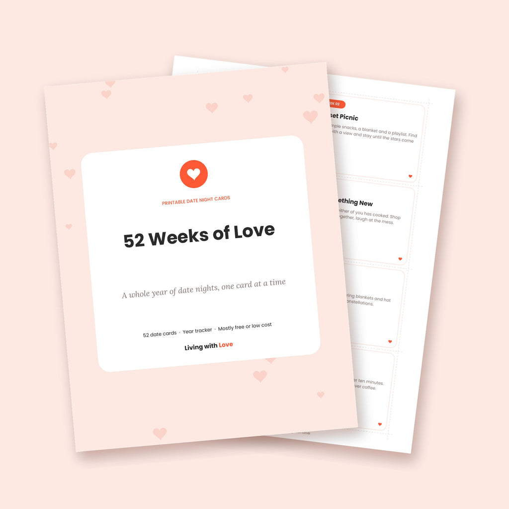 Printable 52 Weeks of Love date night cards: cover and a page of date ideas