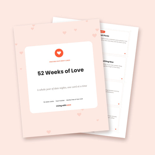 Printable 52 Weeks of Love date night cards: cover and a page of date ideas