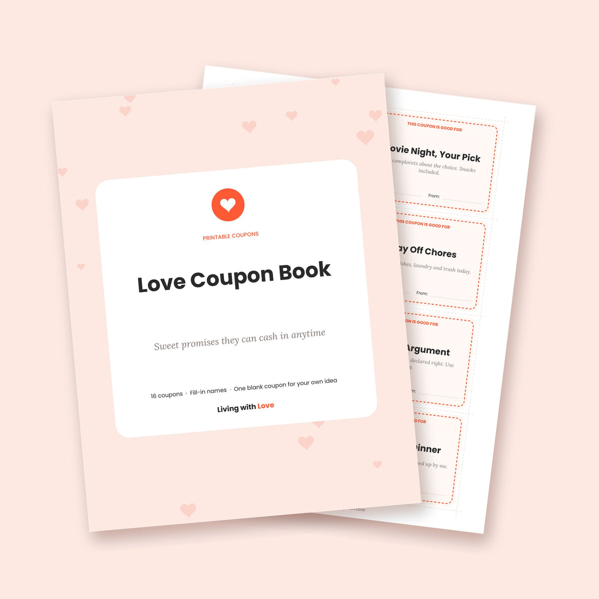 Printable Love Coupon Book: cover and a page of love coupons