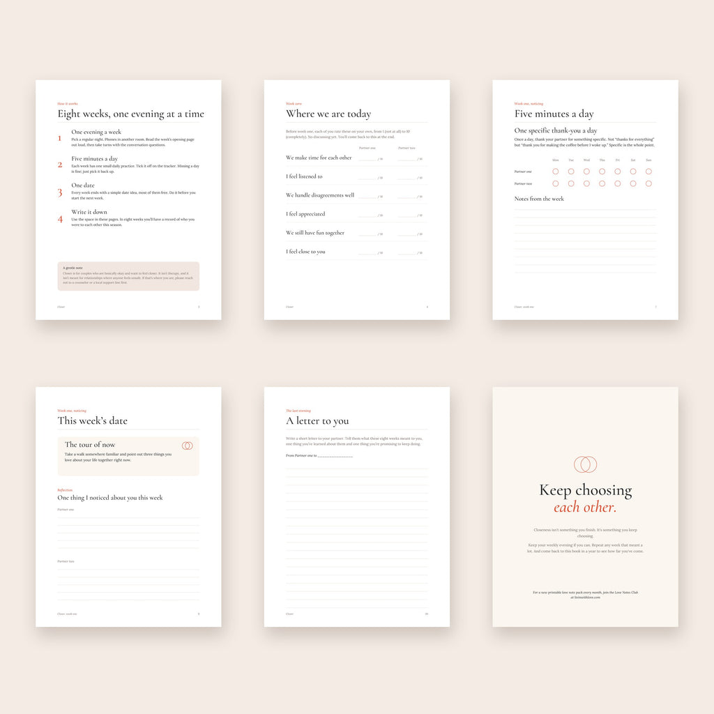 Pages from Closer: how it works, check-in, daily practice tracker, weekly date, letter and closing page