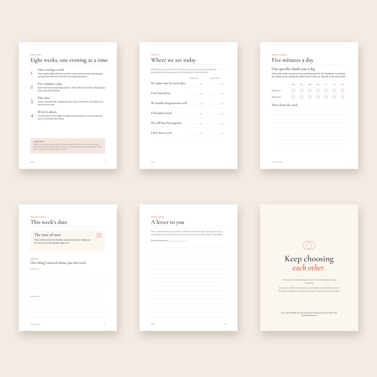 Pages from Closer: how it works, check-in, daily practice tracker, weekly date, letter and closing page