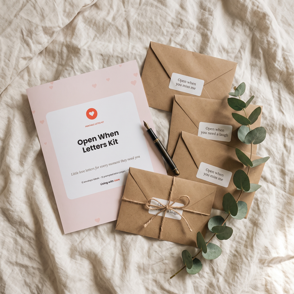 Open When letters in kraft envelopes tied with twine beside the printed kit