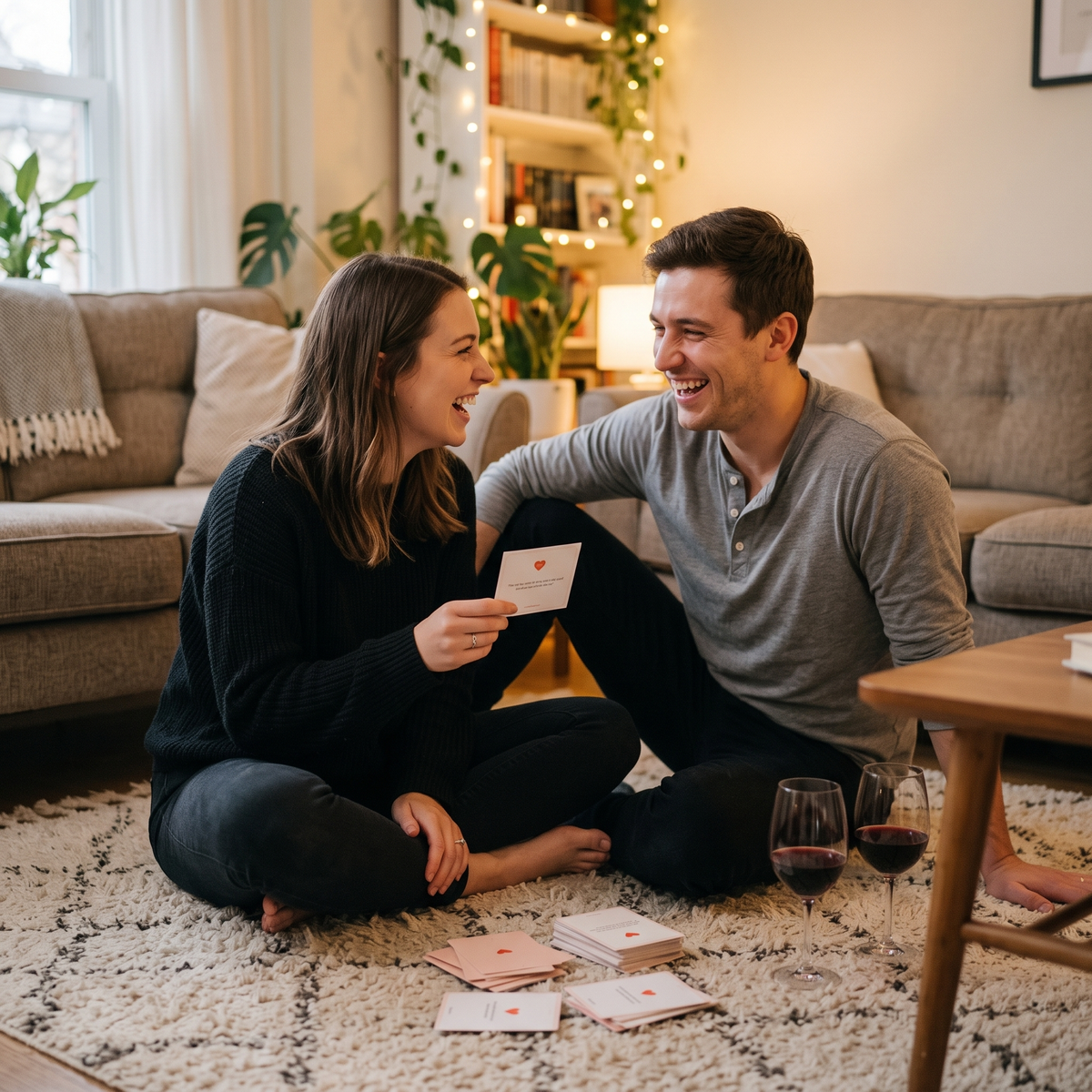 Couple laughing on the living room floor while playing the conversation cards