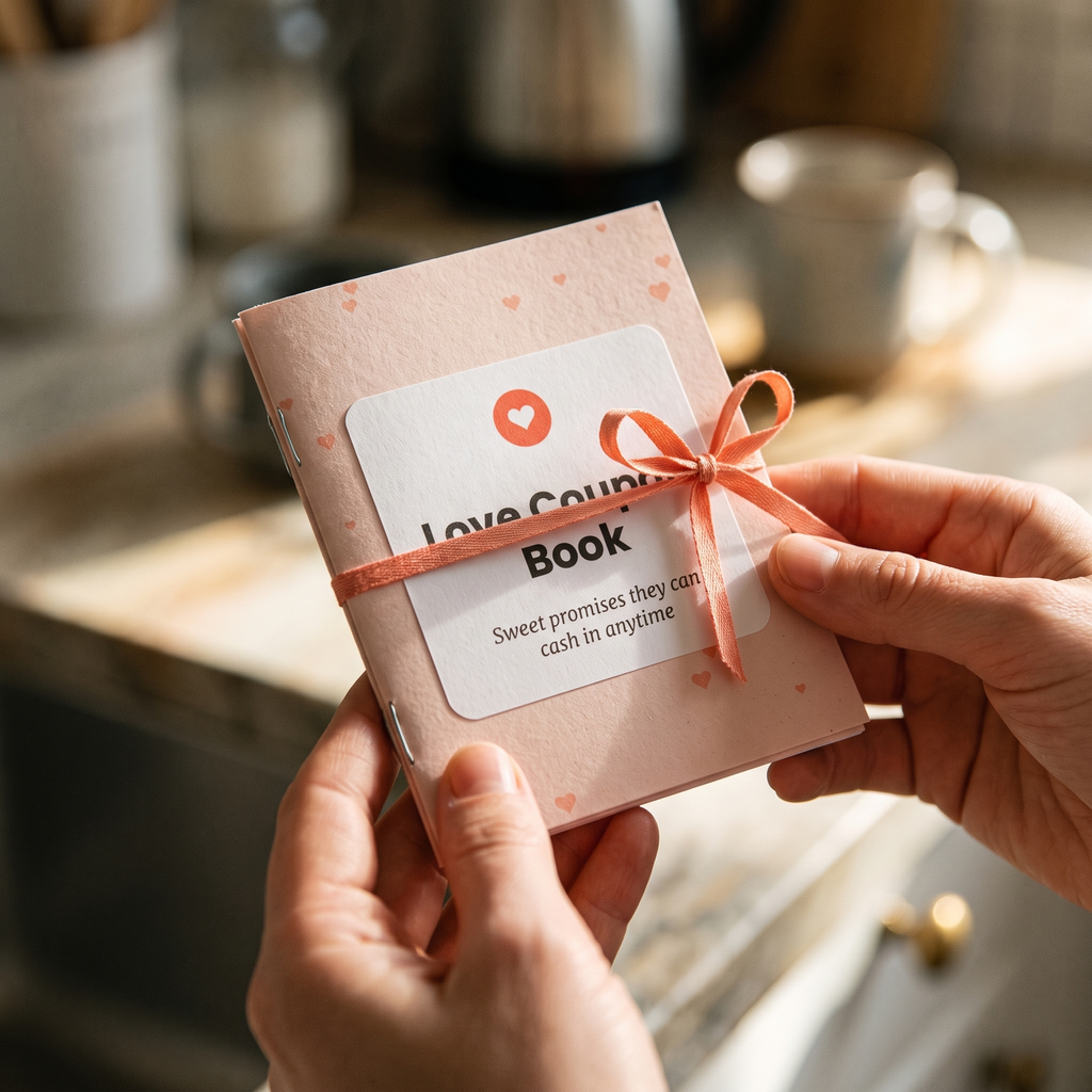 Hands holding the printed Love Coupon Book tied with a coral ribbon