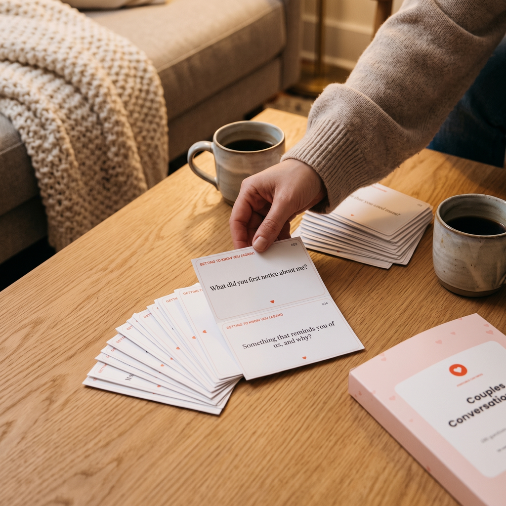 Printed conversation cards fanned on a coffee table with two mugs of coffee