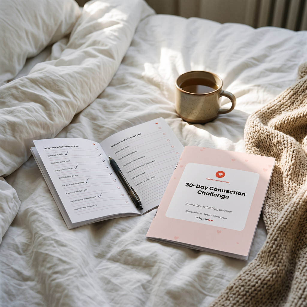 30-Day Connection Challenge journal open on a white duvet with a pen and tea