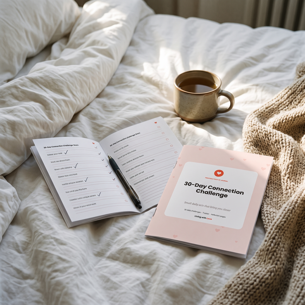 30-Day Connection Challenge journal open on a white duvet with a pen and tea