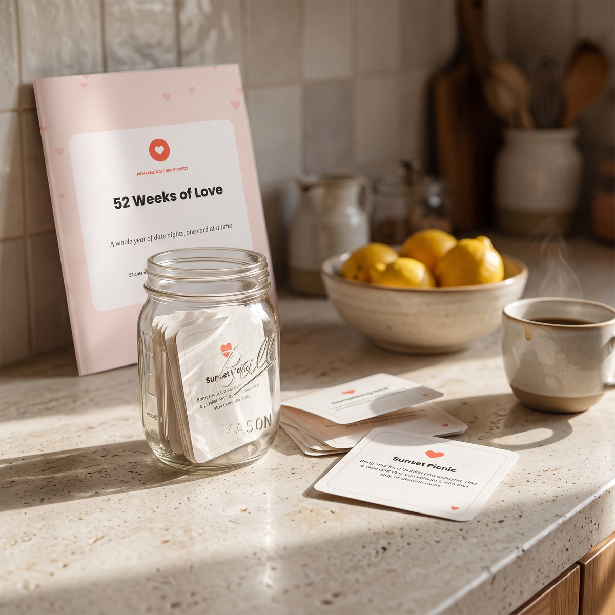 Jar of folded date night cards on a sunny kitchen counter with the 52 Weeks of Love cover
