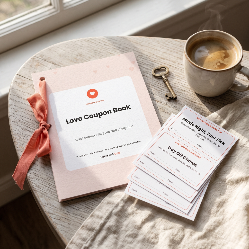 Love Coupon Book with coral ribbon and cut coupons beside a coffee cup