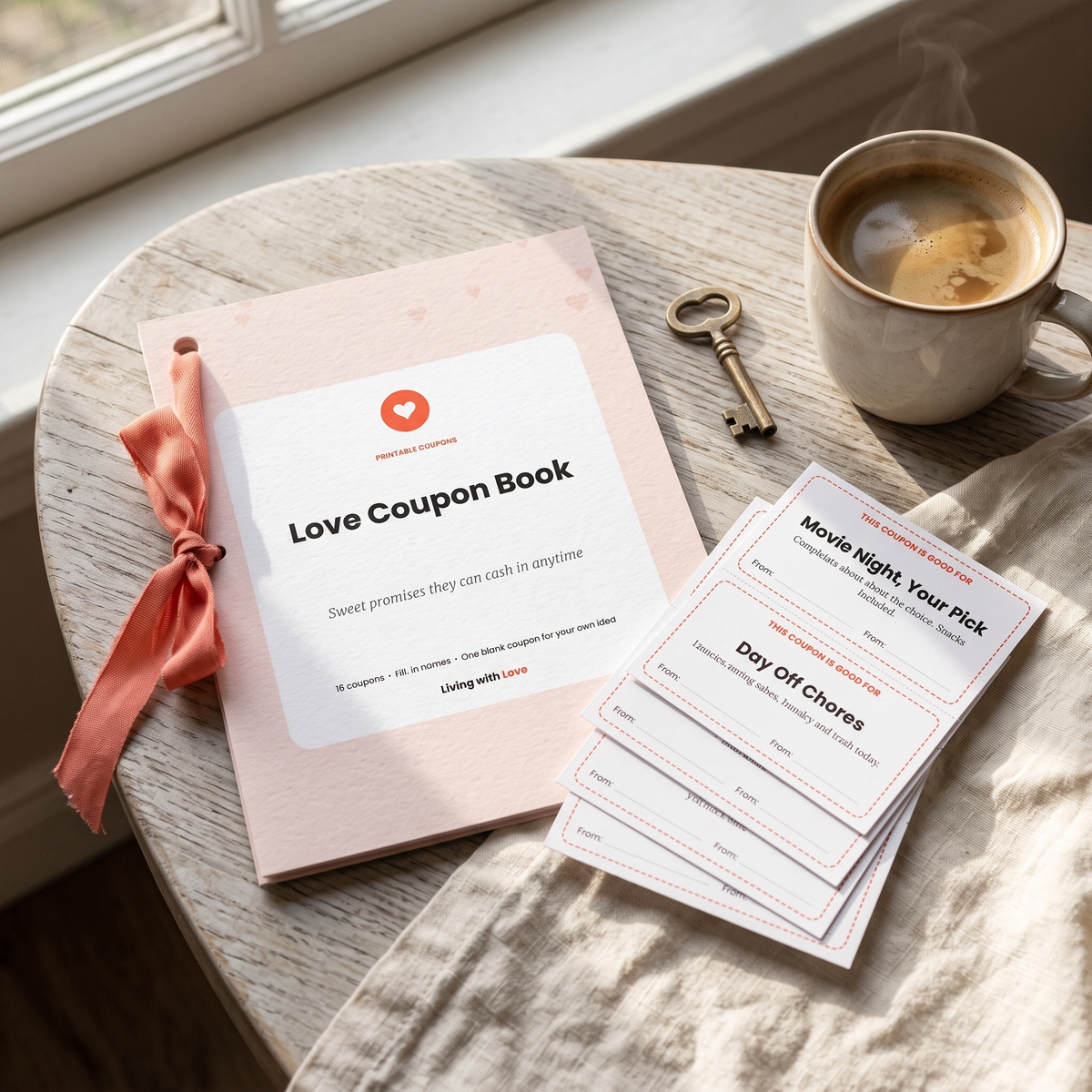 Love Coupon Book with coral ribbon and cut coupons beside a coffee cup