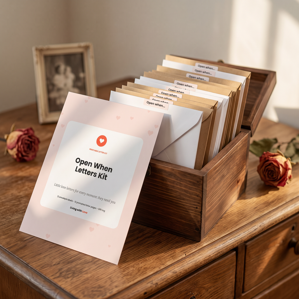Open When letters filed in a wooden keepsake box beside the printed kit