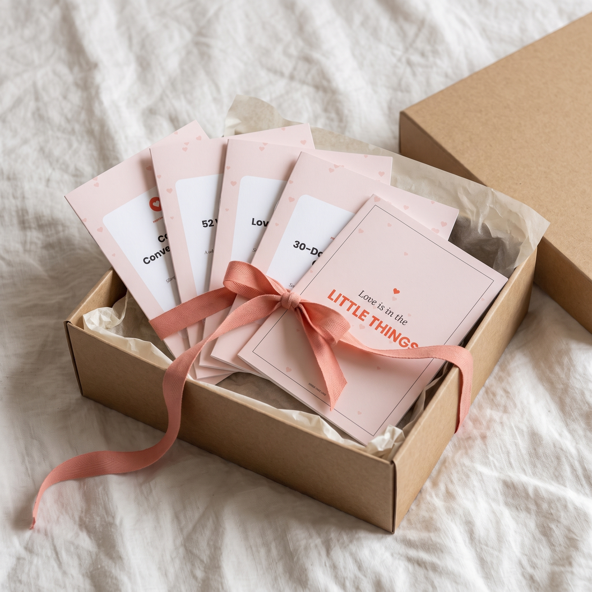 All six printed Love Kits fanned in a kraft gift box with a coral ribbon