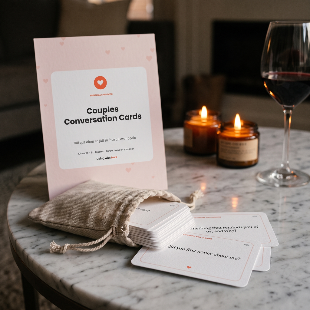 Printed conversation cards in a linen pouch on a marble table with candles and wine