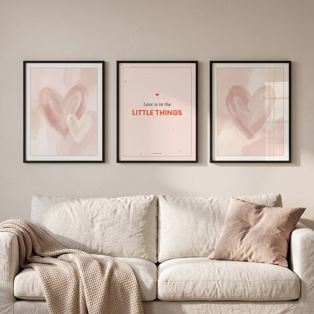 Love is in the little things print framed in a gallery wall above a sofa