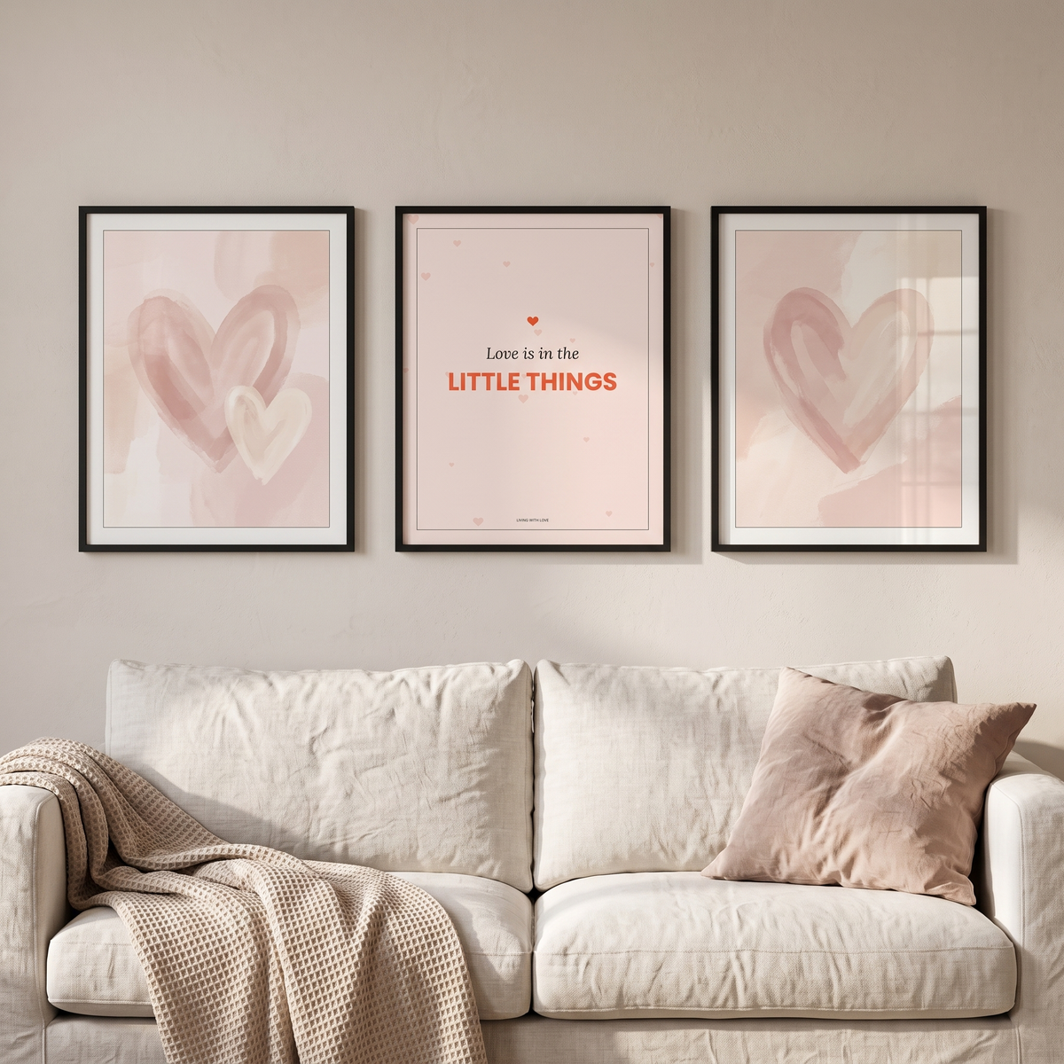 Love is in the little things print framed in a gallery wall above a sofa
