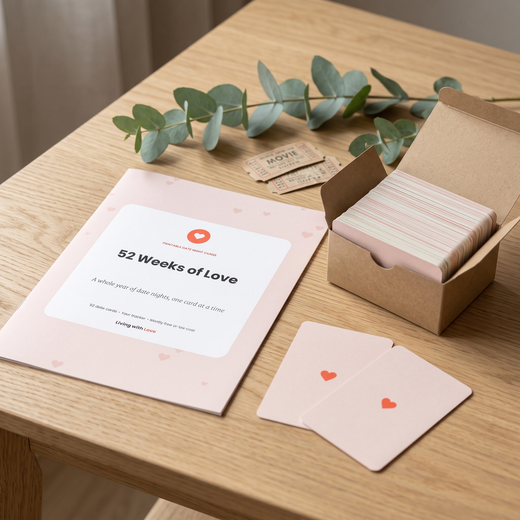 52 Weeks of Love cover with a box of printed date cards on an oak table